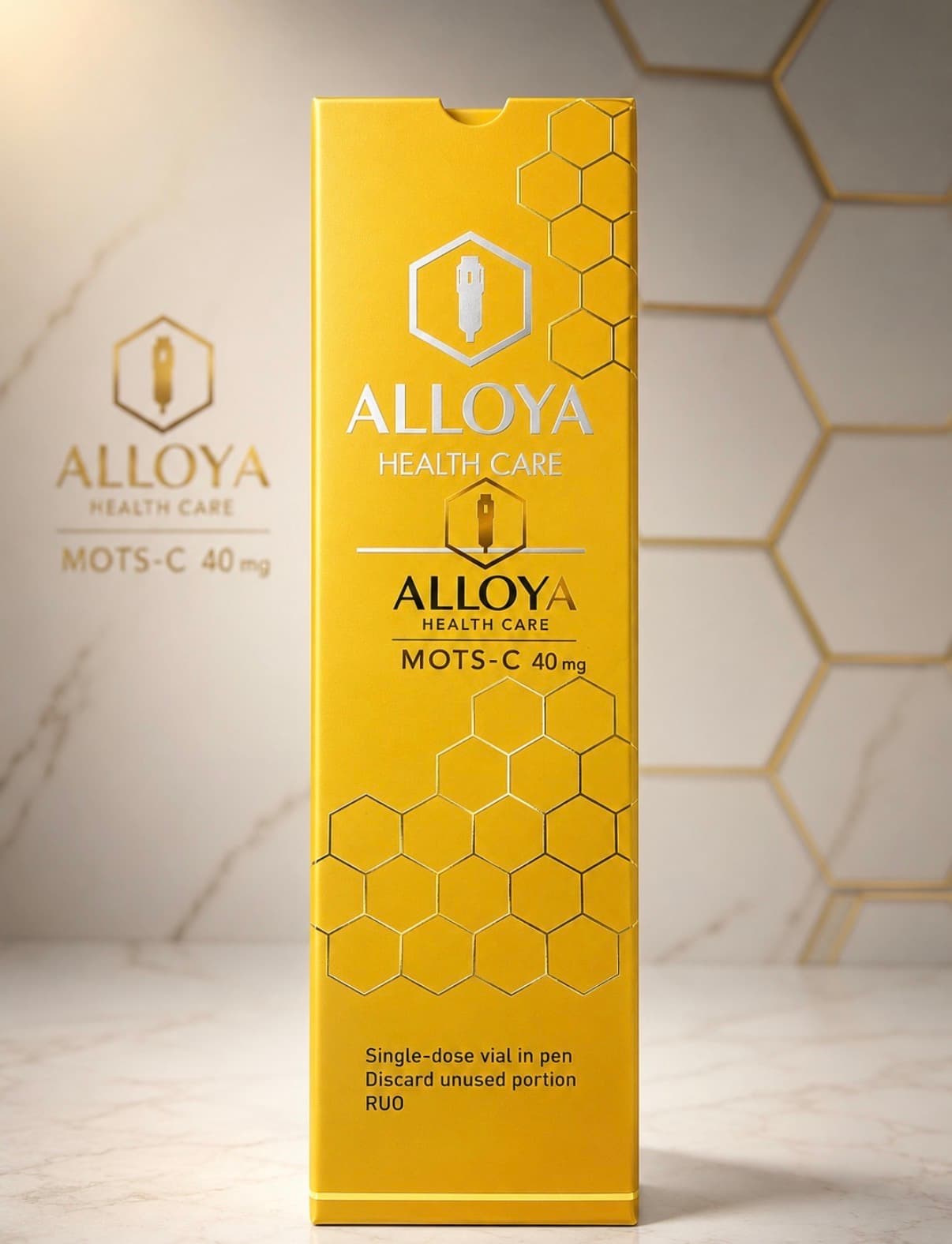 Alloya Health Care MOTS-C 40mg pen and product packaging