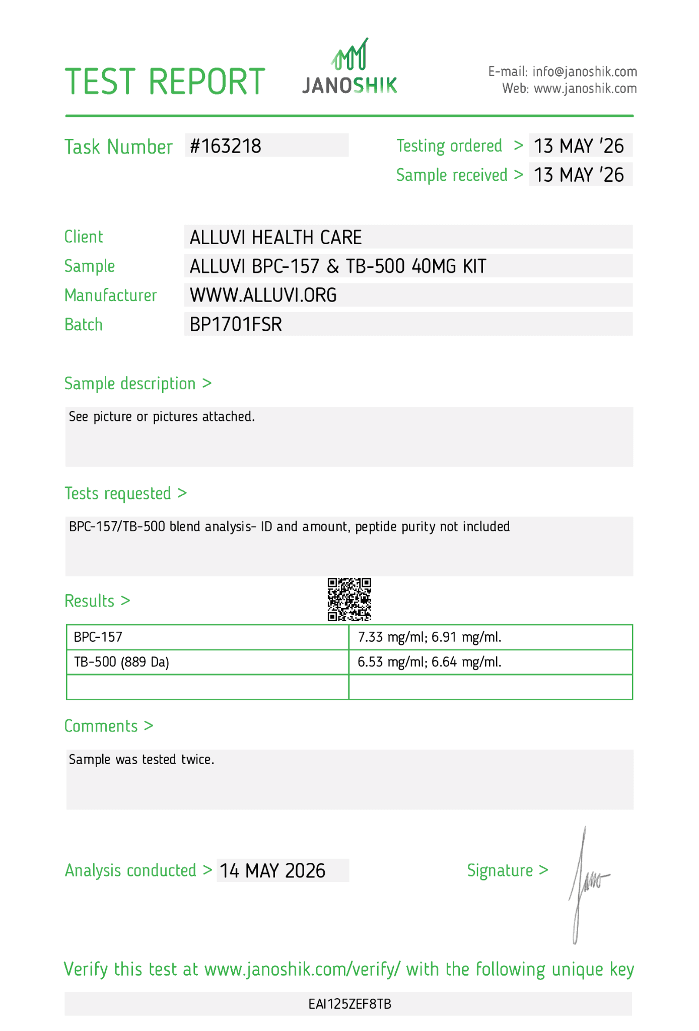 Alluvi BPC157 + TB500 40mg test report preview