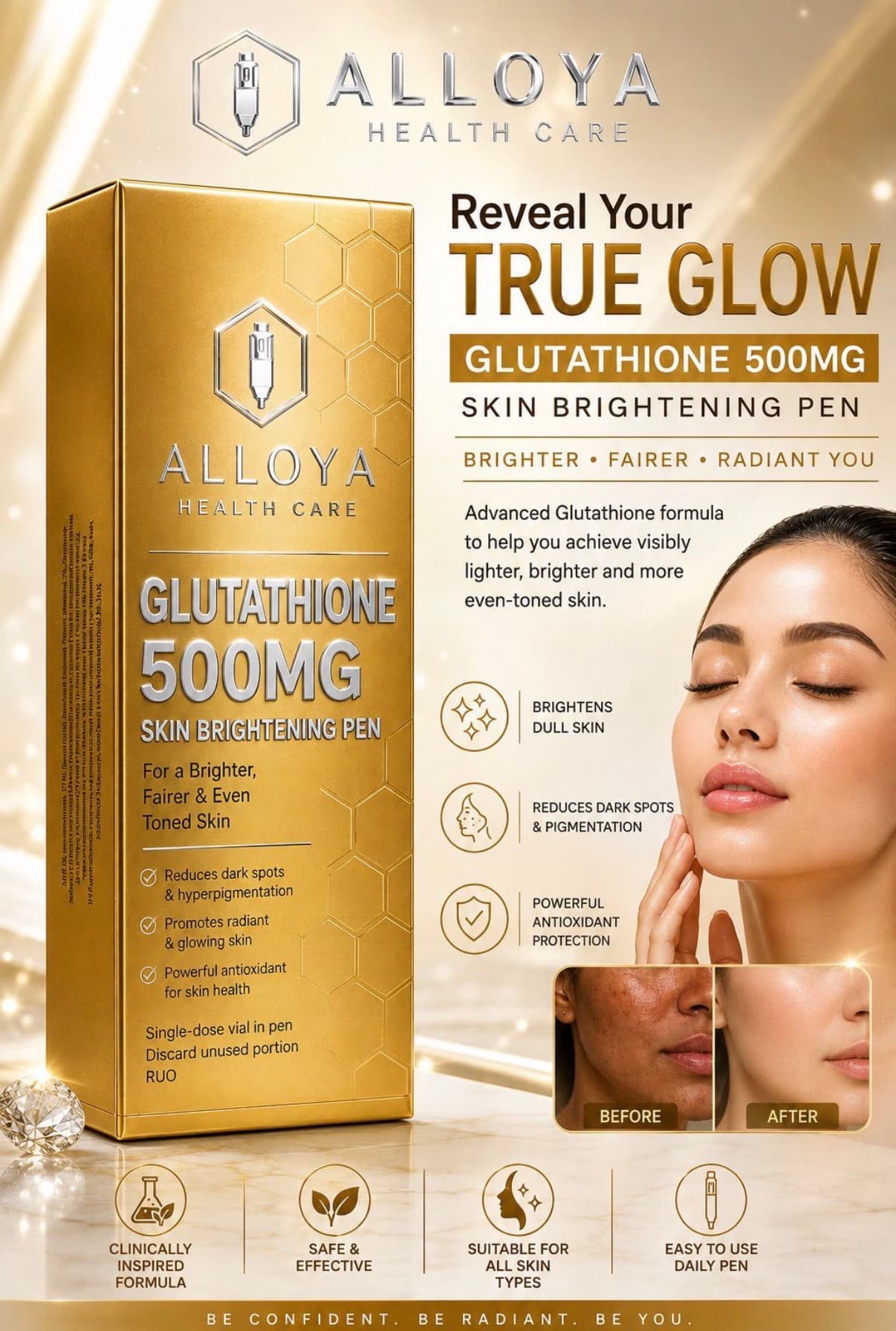 Alloya Health Care Glutathione 500mg pen in gold product packaging