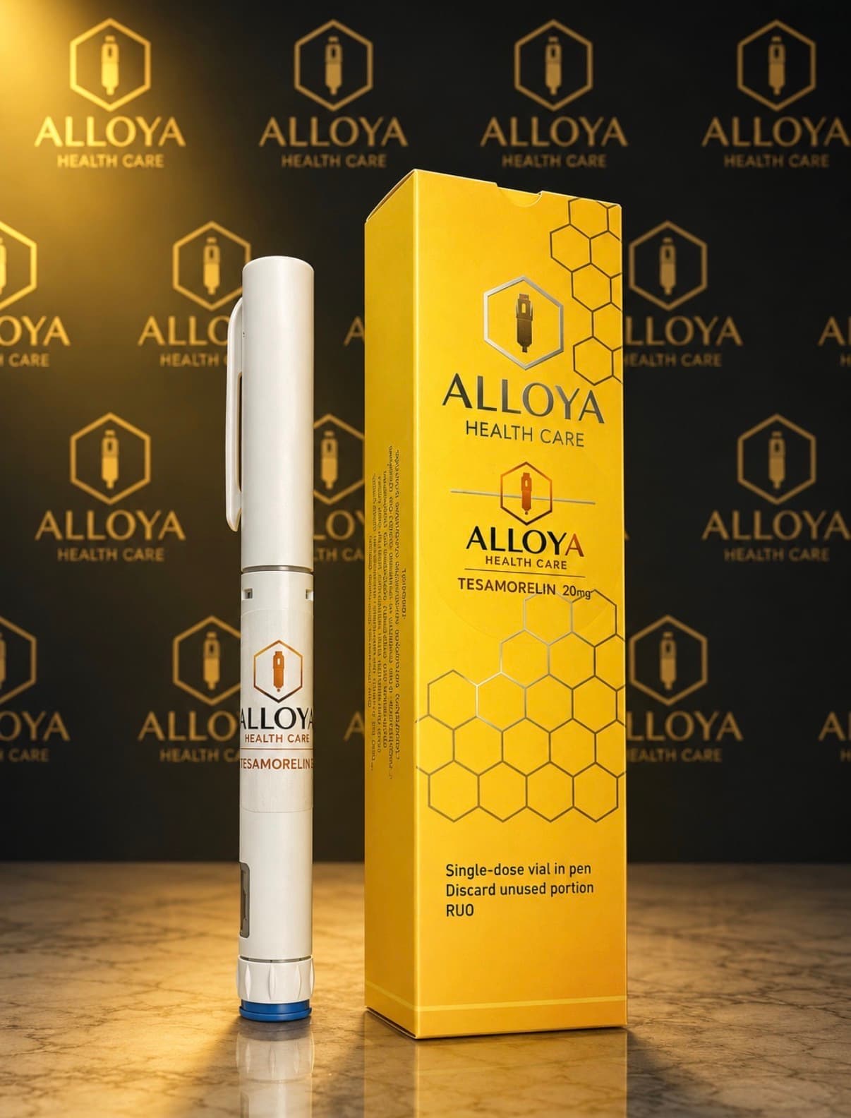 Alloya Health Care Tesamorelin 20mg pen with product packaging